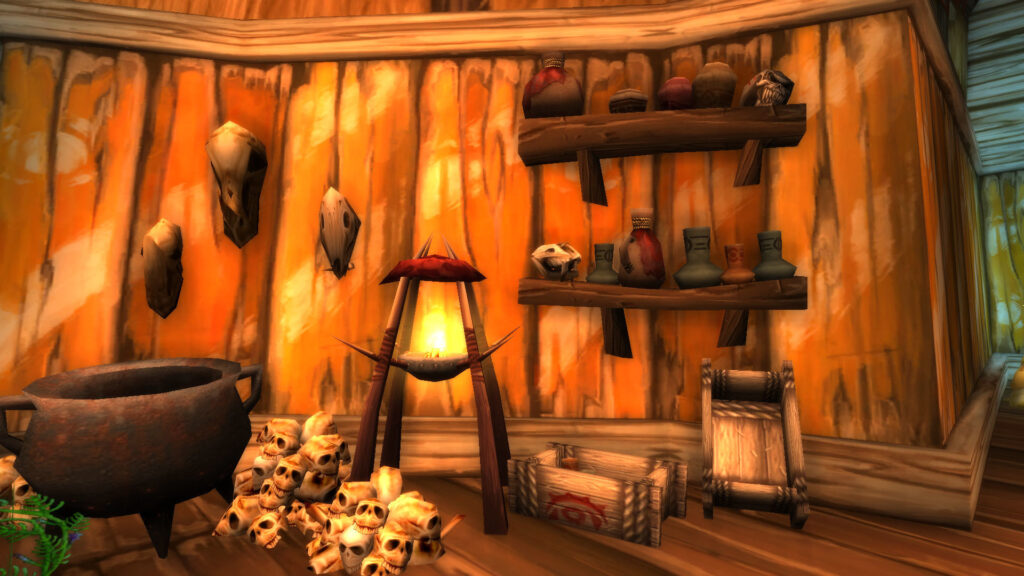 A craftsman hut with tools and a cauldron