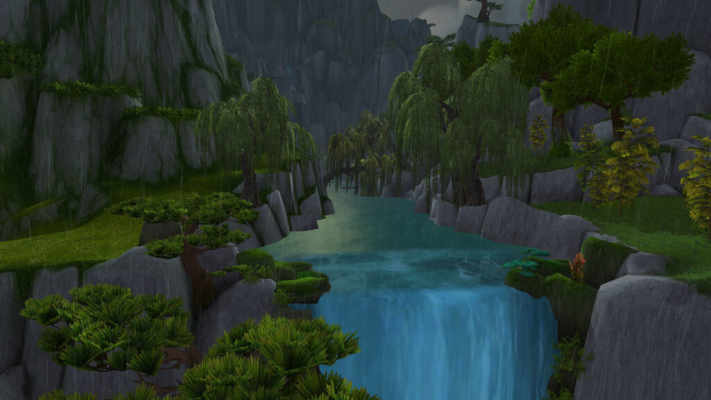 A forest river with a small waterfall